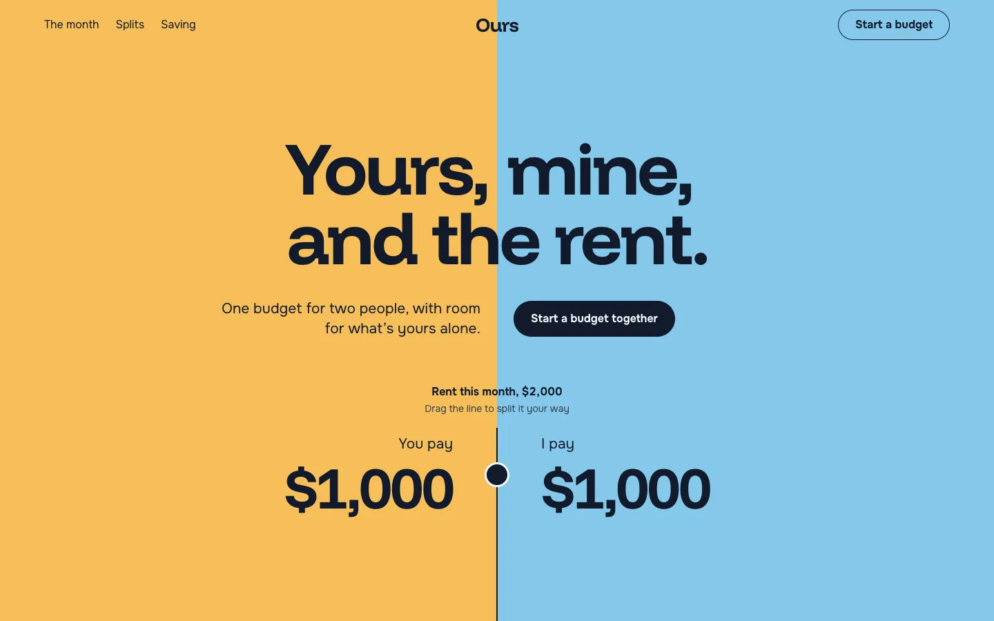 Ours: a page split marigold and sky down the middle under the headline Yours, mine, and the rent.