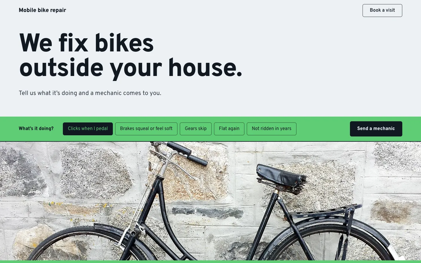 A bike repair page: a green strip of symptoms in the rider's words above a black bicycle against a stone wall, under the headline We fix bikes outside your house.