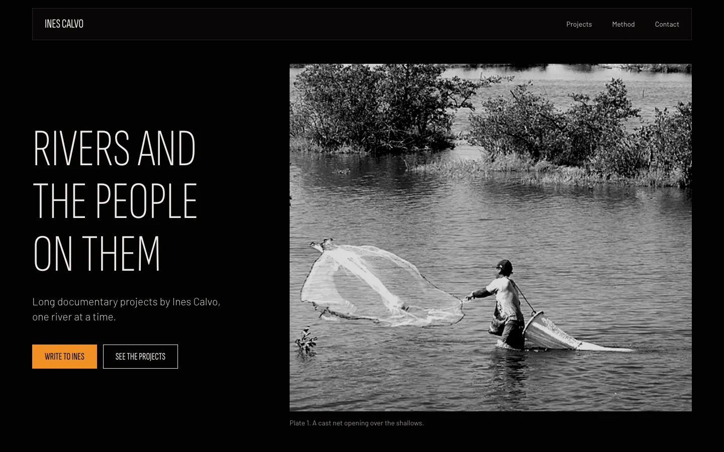 Ines Calvo: a fisherman casting a net in black and white beside the headline Rivers and the people on them.