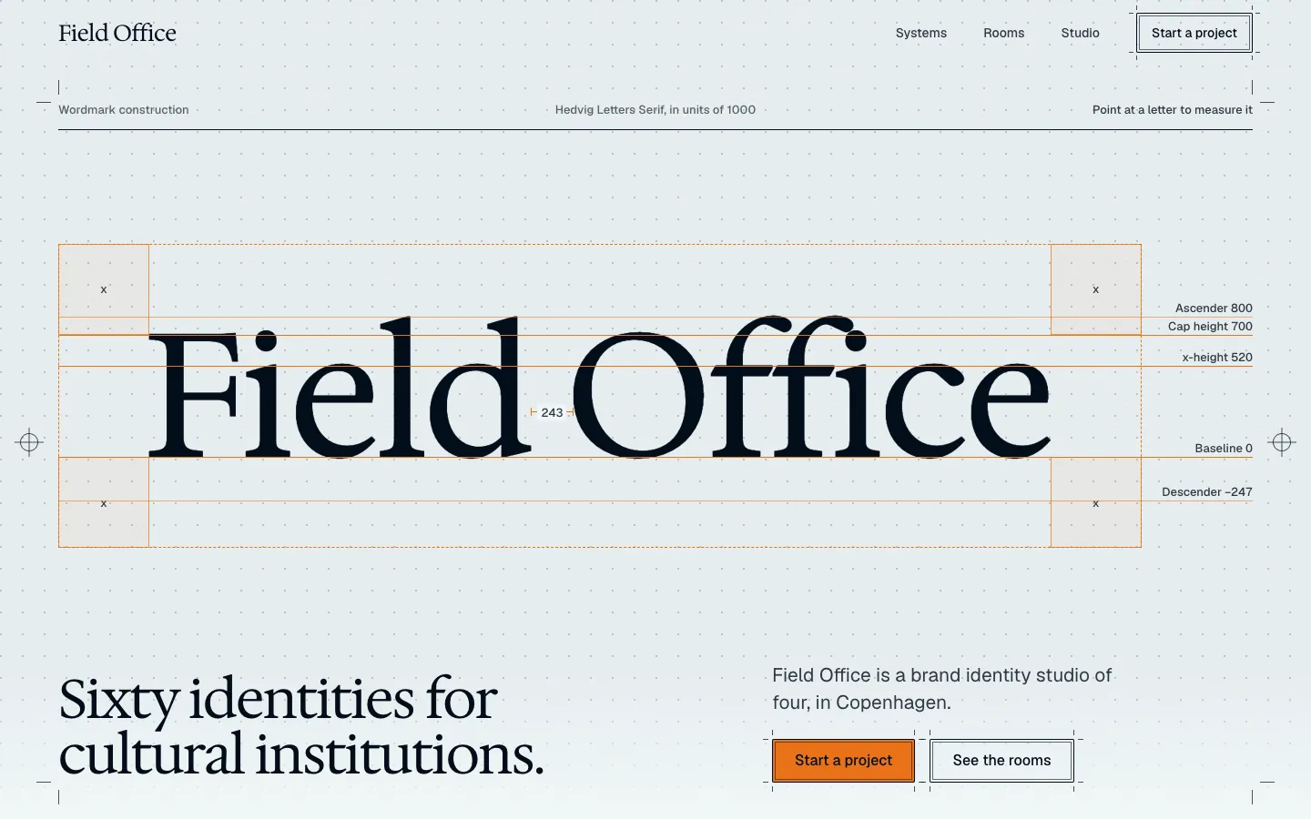 Field Office: the wordmark set huge with its construction lines and measurements over the headline Sixty identities for cultural institutions.